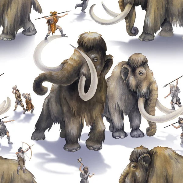 Watercolor scene of primordial humans hunting on a mammoths — стоковое фото