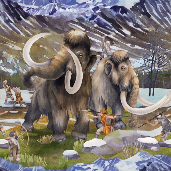 Watercolor scene of primordial humans hunting on a mammoths — 图库照片