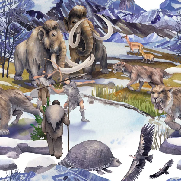 Watercolor scene of primordial humans hunting on prehistoric giant animals — стоковое фото