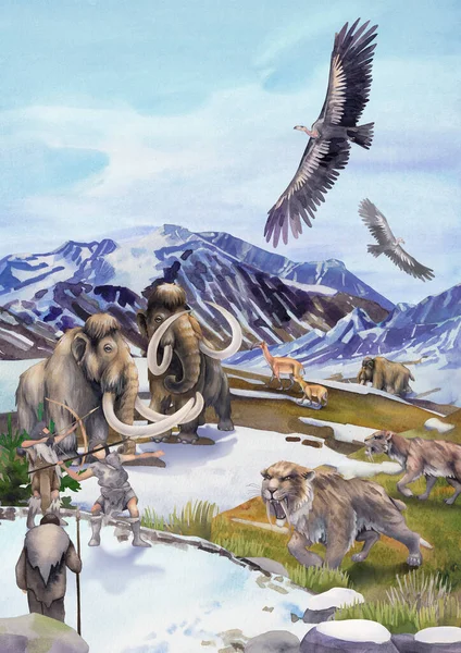 Watercolor scene of primordial humans hunting on prehistoric giant animals — Stock Photo, Image