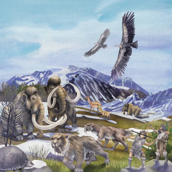 Watercolor scene of primordial humans hunting on prehistoric giant animals — стоковое фото
