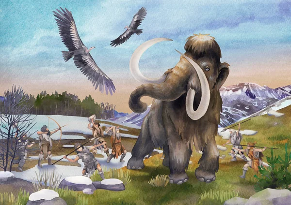 Escena de acuarela de humanos primordiales cazando en un mamut — Foto de Stock