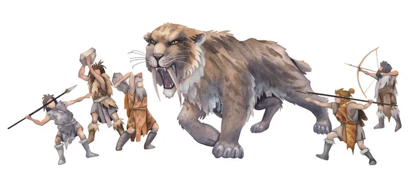 Watercolor scene of primordial humans fighting with a saber-toothed cat — Zdjęcie stockowe