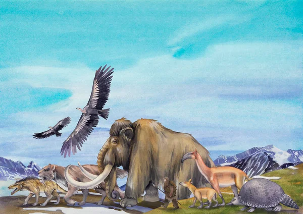 Composition of a watercolor prehistoric animals and primordial human walking in a line — 스톡 사진