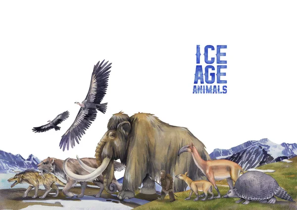 Sammansättning av en akvarell förhistoriska djur och urmänniskan promenader i en linje — Stockfoto