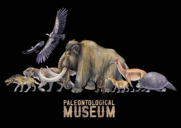 Composition of a watercolor prehistoric animals and primordial human walking in a line — ストック写真