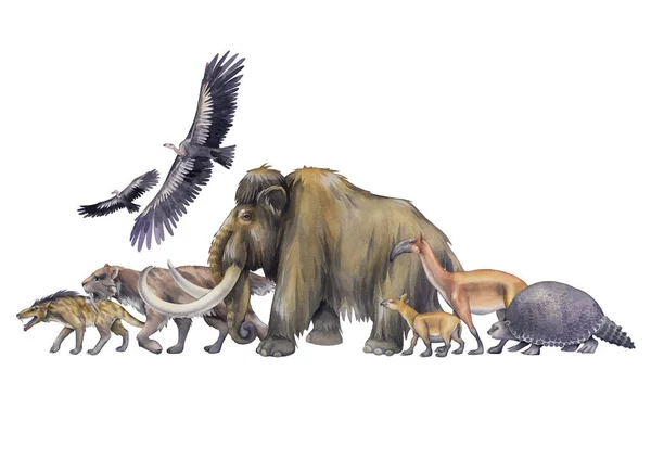 Composition of a watercolor prehistoric animals and primordial human walking in a line — 图库照片