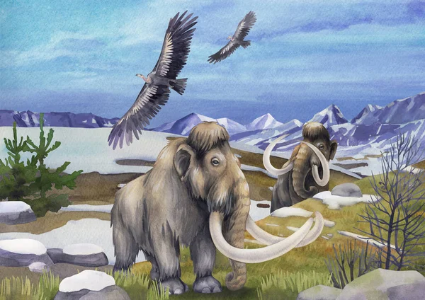Watercolor mammoths walking in a snowy mountain landscape — Zdjęcie stockowe