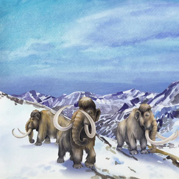 Watercolor mammoths walking in a snowy mountain landscape — Zdjęcie stockowe