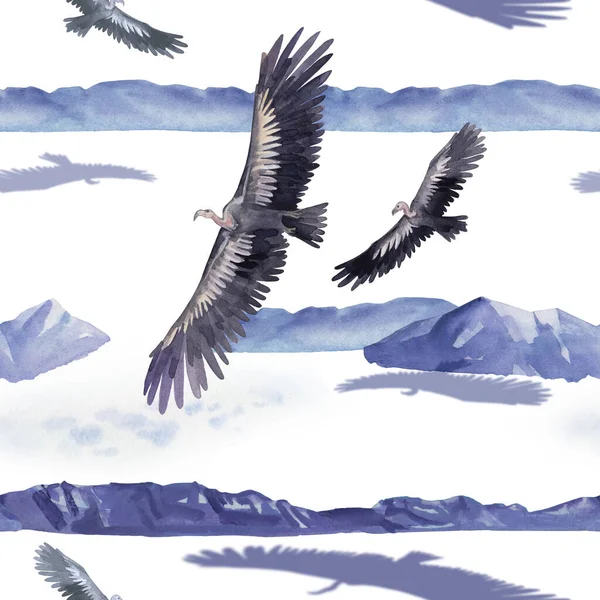 Repeated seamless pattern of a watercolor teratorns flying above the mountains — 스톡 사진