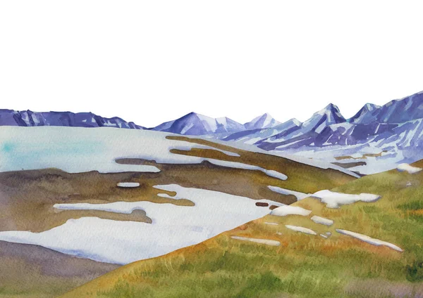 Akvarell snöiga bergslandskap. Handmålad illustration av istiden — Stockfoto