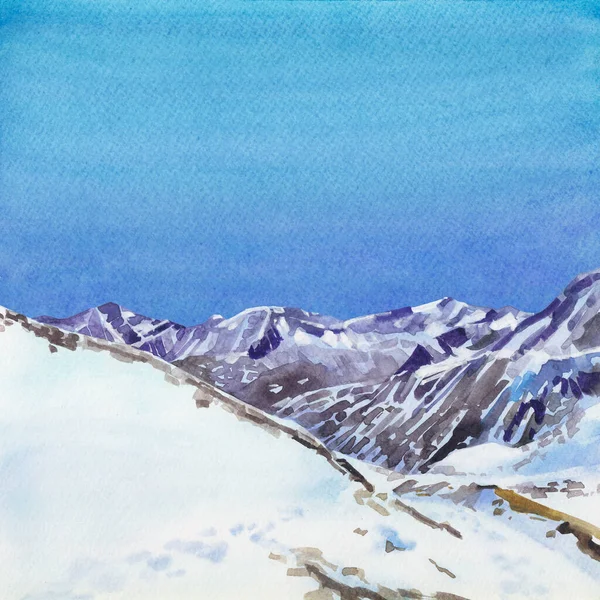 Aquarel besneeuwd berglandschap. Handgeschilderde illustratie van de ijstijd — Stockfoto