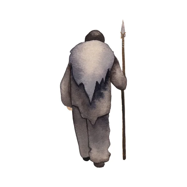 Watercolor primordial human in an animal wooly skin walking with a spear — Stock Photo, Image