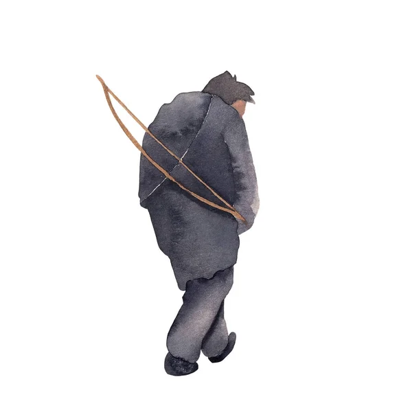 Akvarell primitiv människa går med en båge på ryggen. — Stockfoto