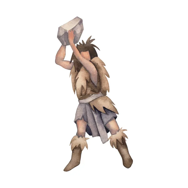 Watercolor primordial human fighting or hunting with a huge stone. — Foto Stock