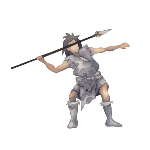Watercolor primordial human fighting or hunting with a spear — Stock Photo, Image