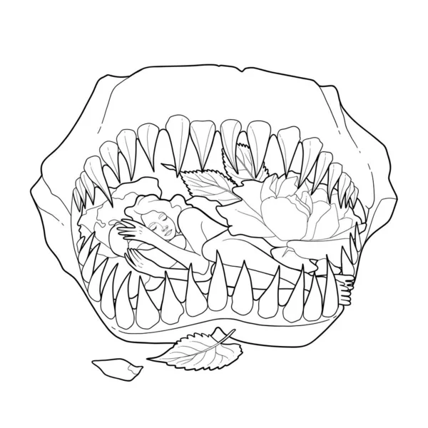 Милая девушка в окружении цветов спит в челюсти динозавра. — стоковый вектор