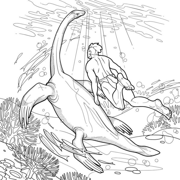 A young man swims with a chthyosaur in the ocean among coral reefs.