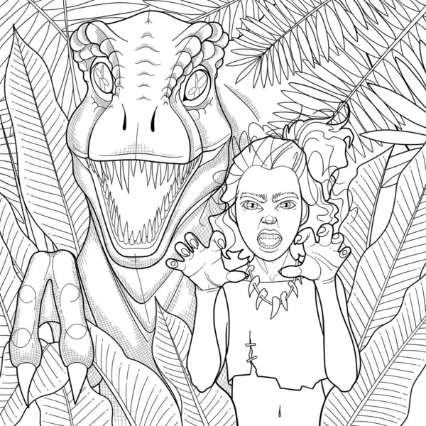 Söt liten flicka grillar tillsammans med en allosaurus bland tropiska blad — Stock vektor