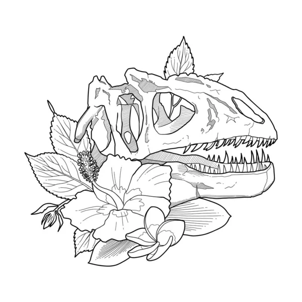 Dinozor kafatası egzotik çiçeklerle süslenmiş. — Stok Vektör