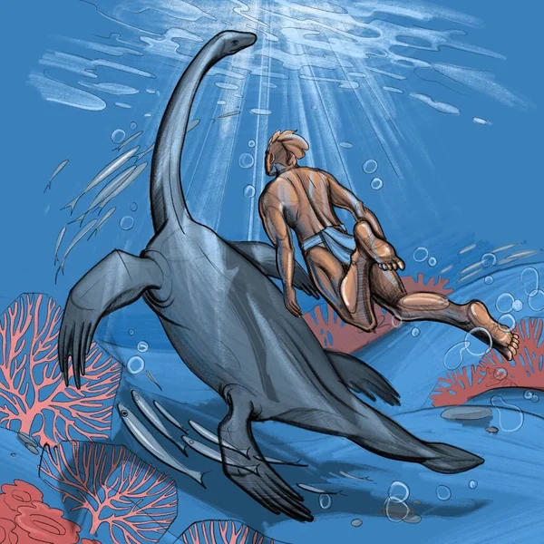 Mladý muž plave s chthyosaurem v oceánu mezi korálovými útesy. — Stock fotografie