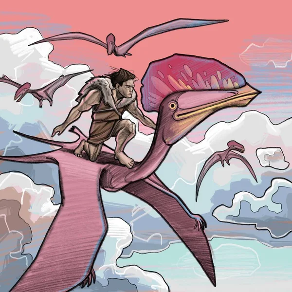 Mladý muž letí na obloze na pterosaurovi mezi mraky. — Stock fotografie