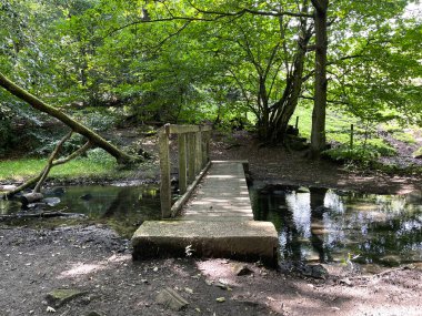 Wooden bridge across the stream in, Heaton Woods, Bradford, UK clipart