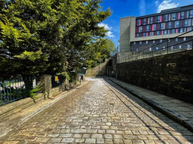 Westbrook Caddesi 'ne bakın, İngiltere' nin Bradford, Yorkshire kentindeki eski taş kaldırımlar, eski ağaçlar ve modern binalar.