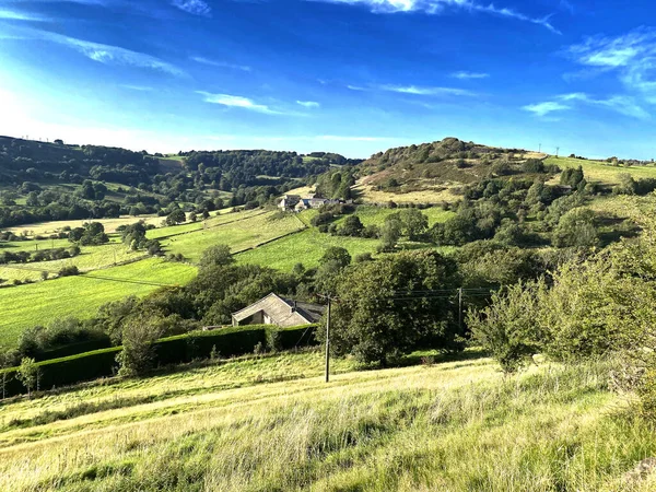 View Top End Shibden Valley Fields Farms Trees Hot Summers — Stock Photo, Image
