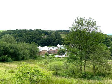 A62 yolundan manzara, tarlalar, ağaçlar, binalar, ve uzak tepeler, Delph, Oldham, İngiltere