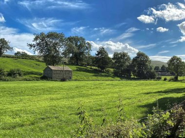 Büyük bir tarla, eski bir ahır, ağaçlar ve beyaz bulutlar, West Burton, Leyburn, İngiltere