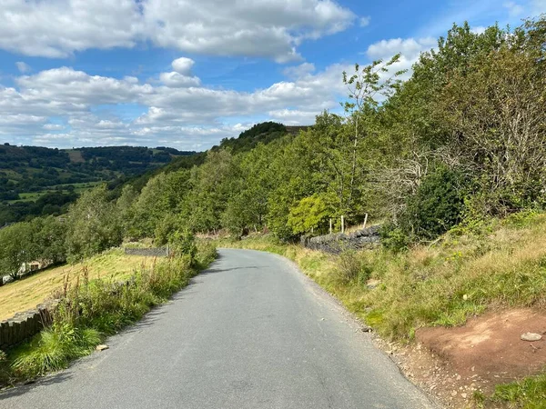 Aşağıya, Howes Lane, Shibden Vadisi 'ne doğru inerken ağaçlar ve tepelerle, Shibden, Halifax, İngiltere' de,