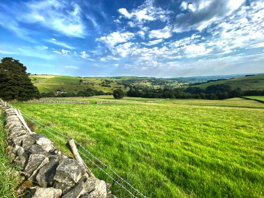 Kırsal alan, tarlalar, kurumuş taş duvarlar, ağaçlar ve uzak mesafedeki çiftlikler, Wainstall 'lar, Halifax, İngiltere
