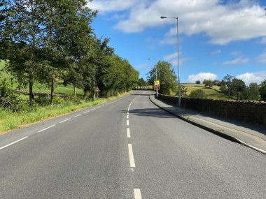 Yukarı bakıyorum, Hollins Tepesi, kuru taş duvarlar ve ağaçlarla, bir yaz günü, Bradford, Yorkshire, İngiltere