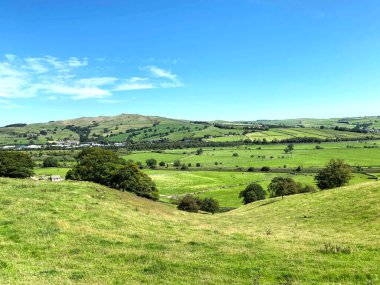 Aire Vadisi 'nin manzarası, yakınındaki ağaçlar, çayırlar ve tepeler, Skipton, Yorkshire, İngiltere