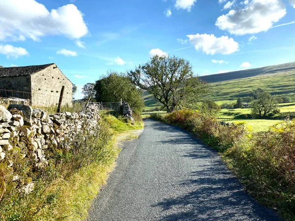 Yorkshire Dales Country Lane Med Torra Stenmurar Gamla Bondgårdar Och — Stockfoto