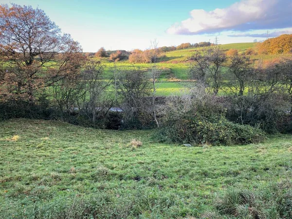 Autumn Landscape Fields Trees Stream Distant Hills Tong Bradford — Stock Photo, Image