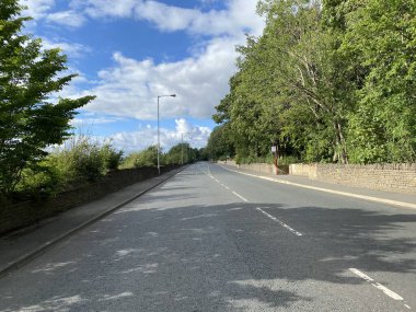 Yukarı bakınca, Huddersfield yolu, taş duvarlar, eski ağaçlar, ve yakın mavi gökyüzü, Wyke, Bradford, İngiltere