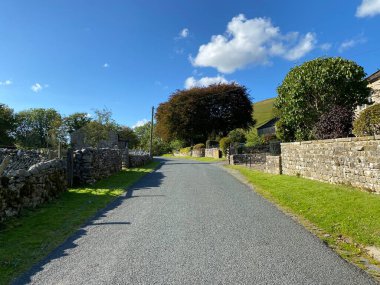 Litton 'dan geçen eski ağaçlar, kuru taş duvarlar ve Litton, Skipton, İngiltere' de mavi bir gökyüzü.