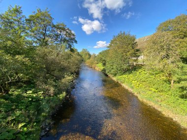 Yorkshire Dales 'in derinliklerinde Hawkswick' in köyünden geçerken ağaçlarla kaplı Skirfare nehri.