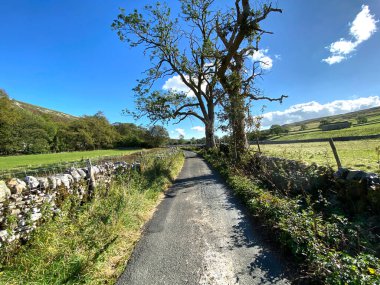 Kettlewell 'den gelen yol, kurumuş taş duvarlar, eski ağaçlar ve Hawkswick, Skipton, İngiltere yakınlarındaki tarlalar.