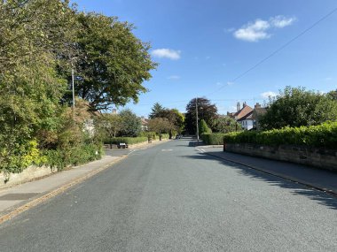 Batı Park Grove 'a bakıyorum, ağaçlar, evler ve mavi gökyüzü yakınlarda, Roundhay, Leeds, İngiltere