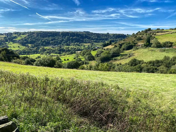 Landscape View Shibden Valley Trees Fields Meadows Hills Sunny Day — стокове фото