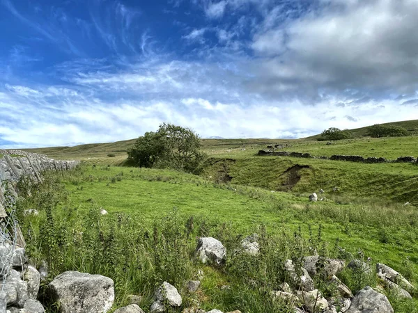 Uitzicht Een Droge Stenen Muur Van Hawthorns Lane Met Velden — Stockfoto