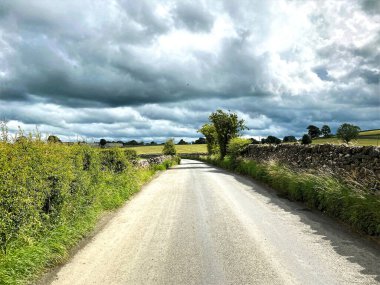 Skipton 'dan Clitheroe yoluna, Scotsthrop' ta, kuru taş duvarlar, yabani bitkiler ve ağır bulut