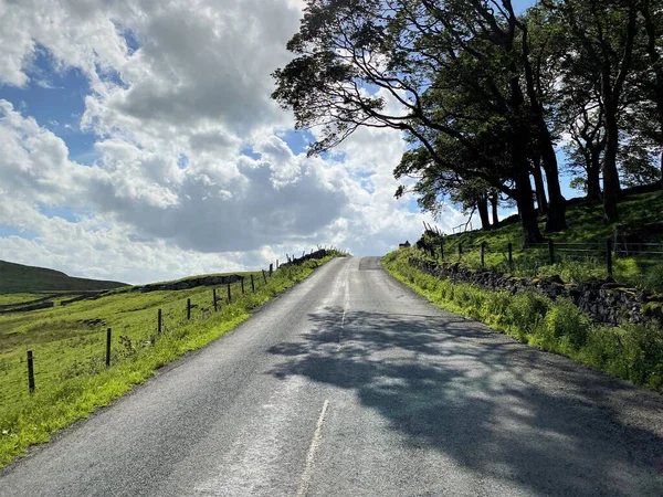 英国斯基普顿巴克登的基德斯通银行 一条通往克雷山头的公路 长满了老树 田野和多云的天空 — 图库照片