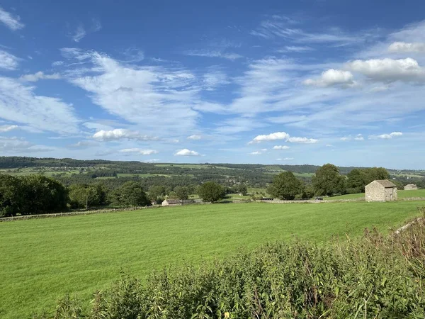 Batı Witton, Leyburn, İngiltere 'de geniş bir çayır arazisi ve eski bir taş ahır manzarası.