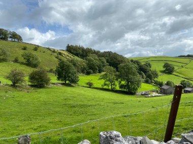 Vadinin dibindeki bir çiftlik manzarası, ağaçlar, tepeler, kuru taş duvarlar, ve yakınlarda bulutlu bir gökyüzü, Settle, İngiltere