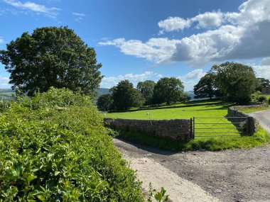 Bir çayıra doğru bakın, bir kapı ve koyunla, uzaktaki ağaçlarla, Clifton, Harrogate, İngiltere