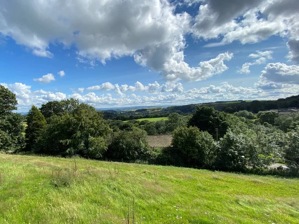 Rural Landscape Green Fields Trees Partially Hidden Building Bradford Yorkshire — стокове фото